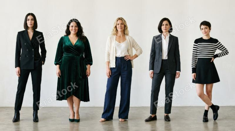 A stylish portrait lineup inspired by Kibbe body types, varied silhouettes, tailored fashion details, clean backdrop, confident poses, polished editorial mood, ultra-realistic, no logos.