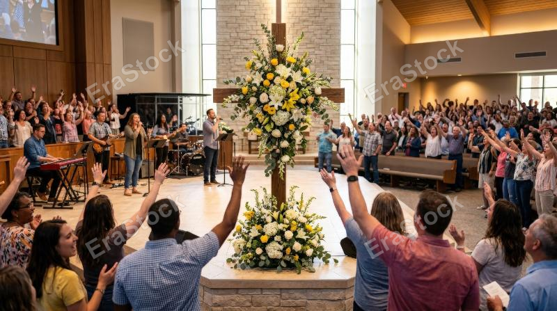 A flower-adorned cross standing in a modern church, congregation with raised hands worshiping amid music and Easter joy, luminous faith-filled atmosphere, ultra-realistic, no logos.