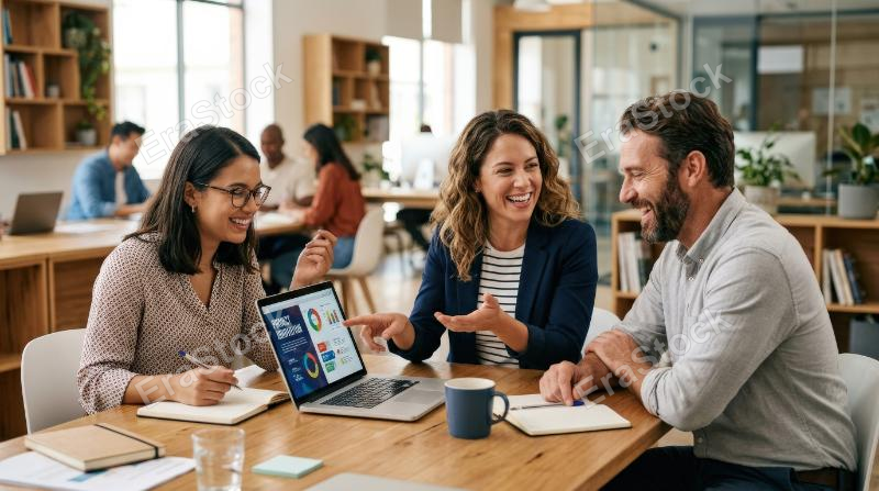 Smiling colleagues discussing ideas together in an office using a laptop, open gestures, polished workspace and a warm collaborative atmosphere, ultra-realistic, no logos.