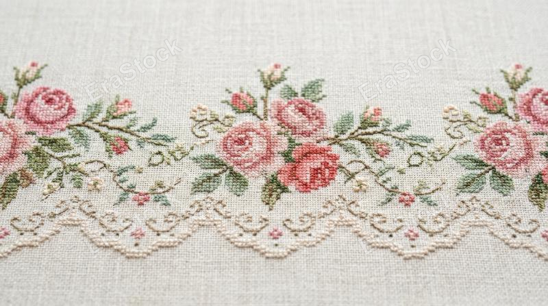Pink rose embroidery lace border in seamless cross-stitch style, vintage cottagecore floral ornament with graceful stitched elegance, ultra-realistic, no logos.