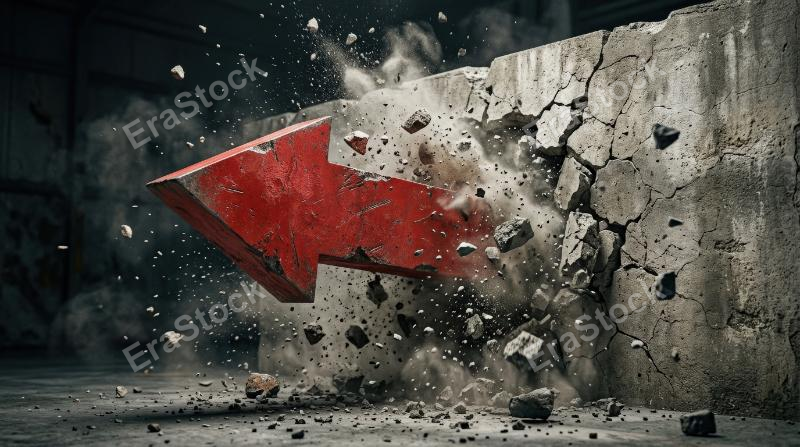 A large red arrow crashing through a solid wall, debris exploding outward, powerful motion, minimal backdrop, symbol of market disruption breakthrough and overcoming obstacles, intense dramatic