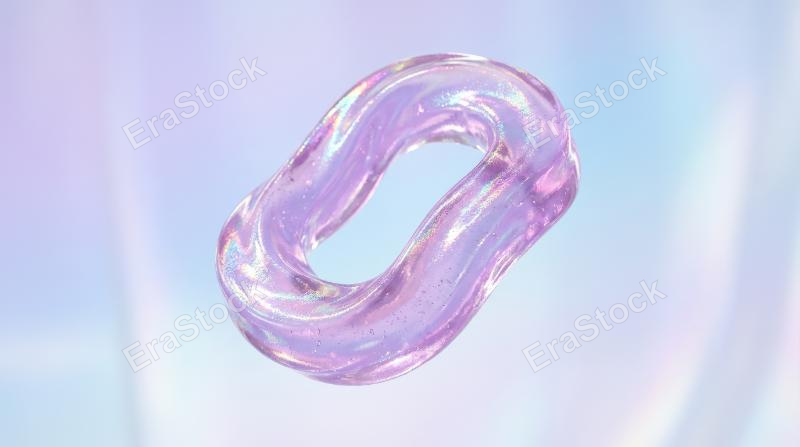 A wobbling jelly loop form in pastel purple, floating against a clean transparent feel, holographic glaze, elastic dessert-like texture, dreamy playful energy, ultra-realistic, no logos.