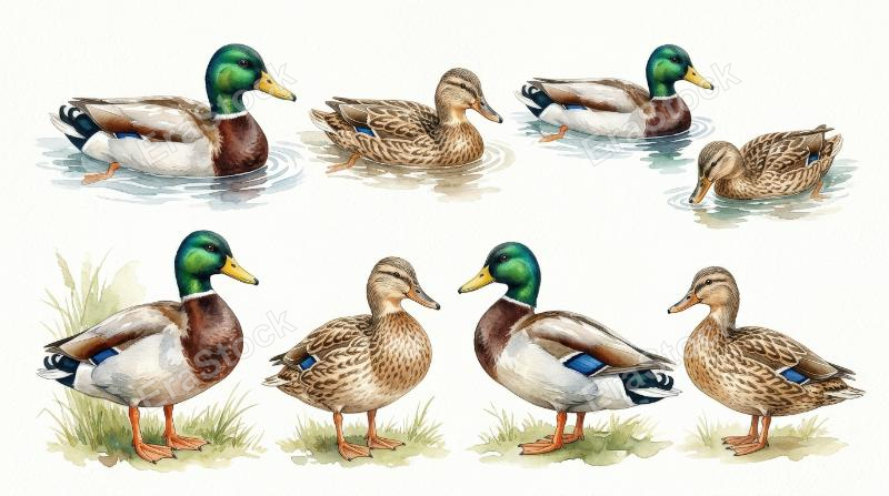A watercolor ducks set with mallards in standing and swimming poses on white, natural bird detail with soft storybook charm, ultra-realistic, no logos.