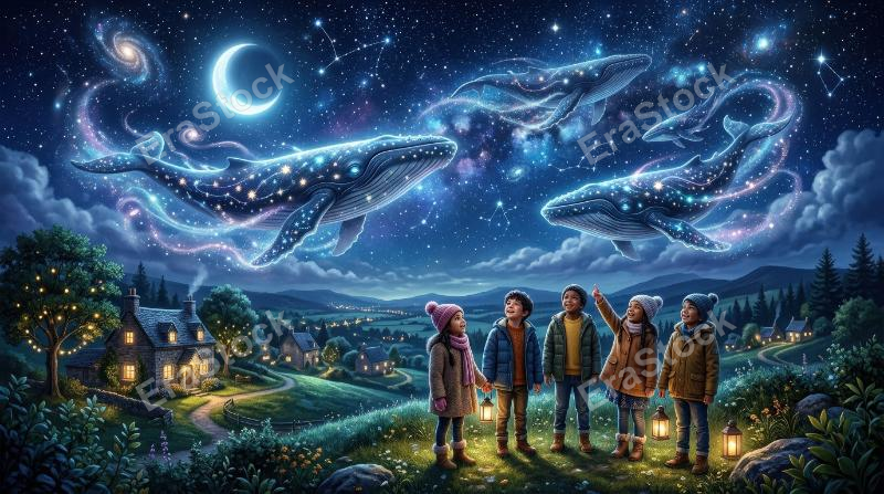 Whimsical flying whales and children beneath stars and moon, seamless fantasy night sky pattern with dreamy wonder and tender magic, ultra-realistic, no logos.