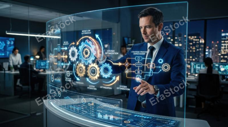 A businessman interacting with glowing gear icons, automation panels and workflow systems, digital process improvement and corporate efficiency atmosphere, ultra-realistic, no logos.