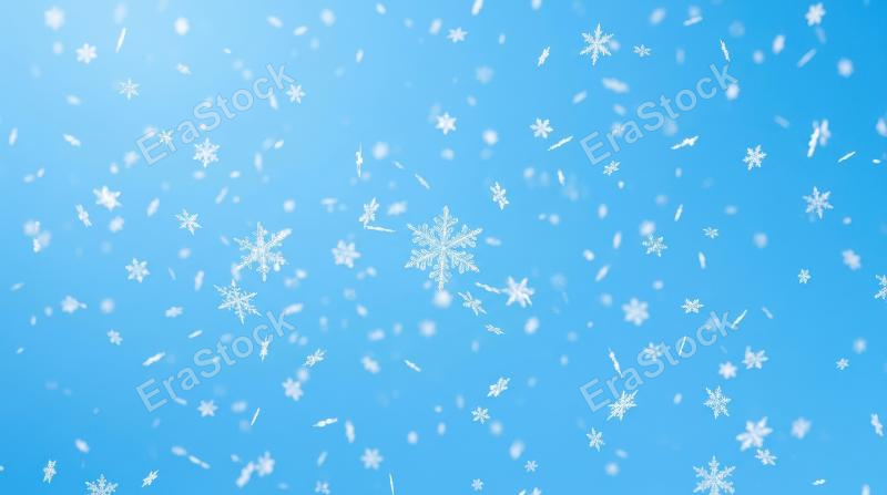 Falling snowflakes drifting over a bright blue background, airy minimalist winter scene, peaceful Christmas greeting mood, clean luminous style, ultra-realistic, no logos.