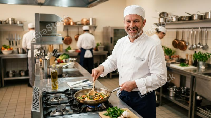 A happy chef in uniform holding a wooden spoon and frying pan, clean culinary setting and soft warm light, friendly professional atmosphere, ultra-realistic, no logos.