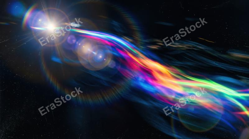 A multicolor light leak glowing across black, fluid motion blur, cool blue lens tint and vintage flare texture, vivid cinematic atmosphere, ultra-realistic, no logos.
