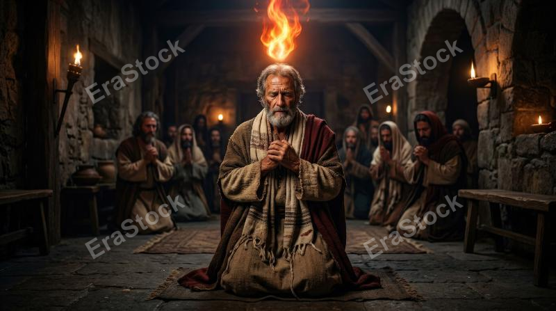 An apostle receiving the Holy Spirit with a fiery tongue above his head, ancient biblical setting, textured robes, prayerful expression and sacred dramatic lighting, ultra-realistic, no logos.
