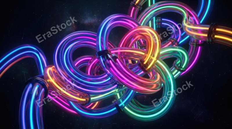 Interlocking colorful pipes on a dark background, torus-inspired forms with neon gradients, playful geometry and bold contemporary digital atmosphere, ultra-realistic, no logos.