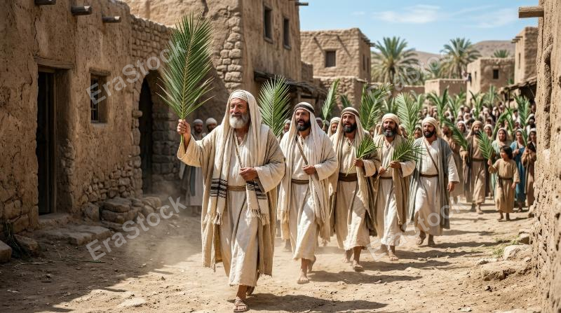 Men holding palm fronds in procession, dusty pathway, traditional robes, bright sunlight and a reverent celebratory Palm Sunday atmosphere, ultra-realistic, no logos.