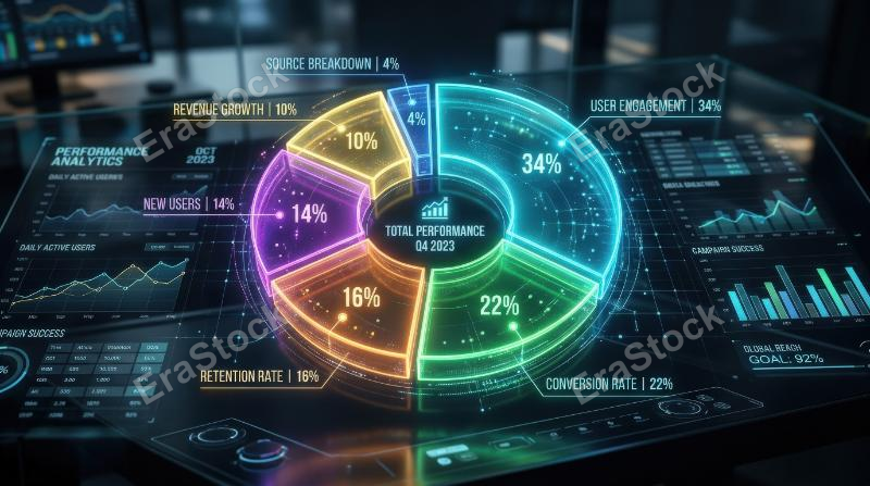 A circular futuristic pie chart diagram with luminous segments, analytics dashboard styling and clean data-visualization precision, ultra-realistic, no logos.