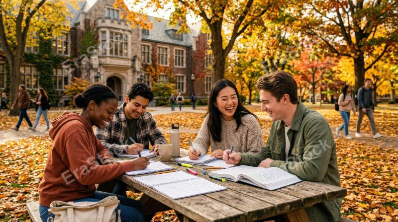 Happy students beginning homework on a university campus in autumn, notebooks open, golden leaves around, fresh academic atmosphere, ultra-realistic, no logos.