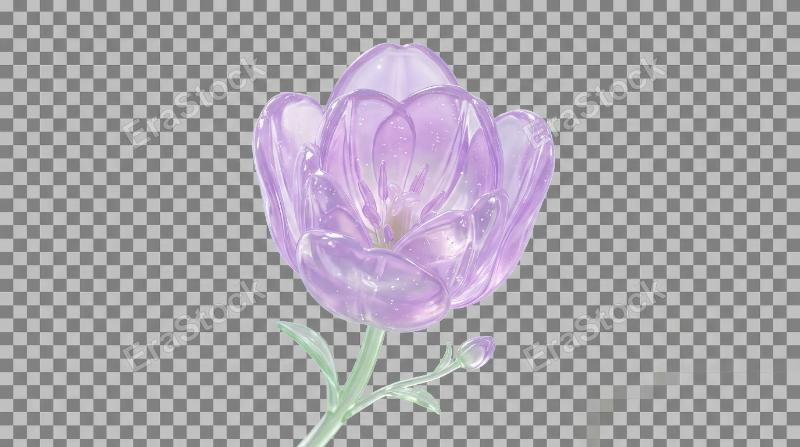 A translucent jelly tulip bloom in pastel purple, isolated on transparent background, glossy petals, soft highlights, dreamy floral fantasy mood, ultra-realistic, no logos.