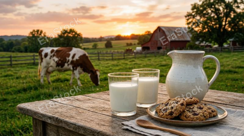 Fresh milk in glasses and a pitcher beside cookies on a wooden table, a cow grazing in the background at sunset, warm rural light and wholesome farm atmosphere, ultra-realistic, no logos.