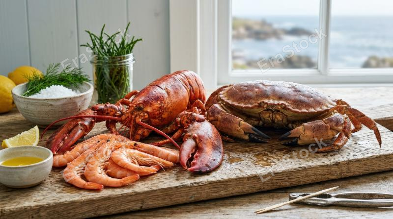 A set of sea animals including lobster, crab and shrimp displayed on a clean backdrop, rich shell textures and coastal culinary character, fresh maritime atmosphere, ultra-realistic, no logos.