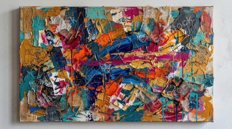 Abstract composition mixing many colors and textures, expressive layered surface, vibrant contemporary atmosphere, ultra-realistic, no logos.