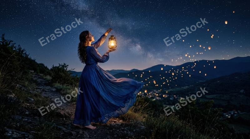 A person in a flowing long dress lifting a glowing lantern toward a starry night sky, distant lanterns drifting above, deep blue tones, poetic lighting, dreamy and serene mood, ultra-realistic, no