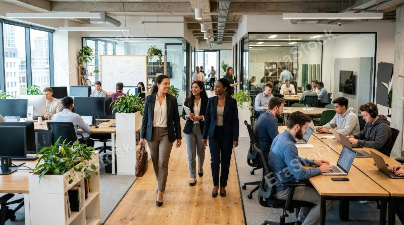 Businesswomen walking through a coworking office while male entrepreneurs work on laptops nearby, layered office activity, bright modern interior, energetic startup atmosphere, ultra-realistic, no