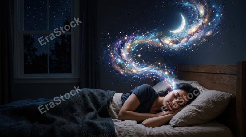 A surreal dreamscape with a crescent moon and swirling stars emerging from a sleeping person's head, soft night tones, poetic atmosphere, ultra-realistic, no logos.