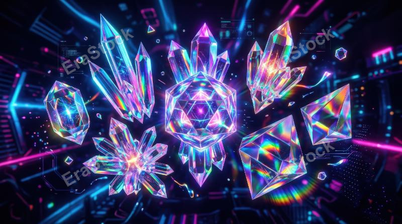 A retro-futuristic set of glossy holographic objects on black, iridescent crystal forms with dispersion light, bold neon atmosphere, ultra-realistic, no logos.