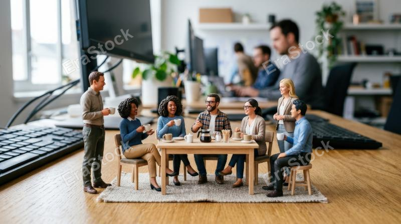 Tiny office workers enjoying a coffee break, chatting and relaxing with cups in hand, friendly workplace atmosphere, ultra-realistic, no logos.
