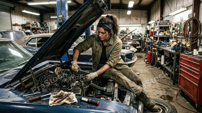 A female mechanic sitting on a car hood while leaning into repairs in a workshop, grease-streaked tools, industrial lighting and confident hands-on atmosphere, ultra-realistic, no logos.