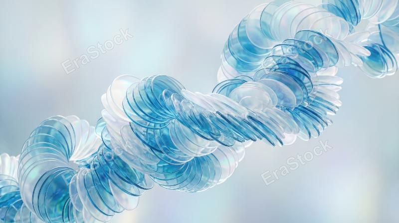 Overlapping translucent blue and white discs spiraling across a pale background, crystalline layers, soft gradients, airy depth, elegant futuristic atmosphere, ultra-realistic, no logos.