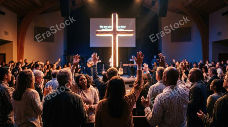 People with raised hands praying in front of a glowing cross during Christian worship, church gathering in warm atmospheric light, spiritual praise and Easter devotion, ultra-realistic, no logos.
