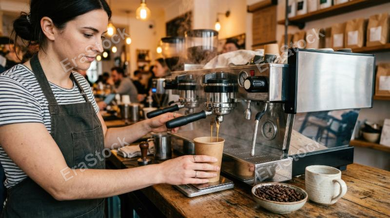 A person preparing coffee with an espresso machine, fresh coffee pouring into a paper cup, coffee beans and an empty mug nearby, warm cafe light, artisan morning atmosphere, ultra-realistic, no logos.