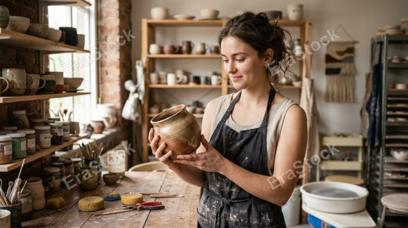 A young woman admiring her pottery creation in a studio, handmade clay vessel, soft earthy palette, proud artistic gaze and calm crafted atmosphere, ultra-realistic, no logos.