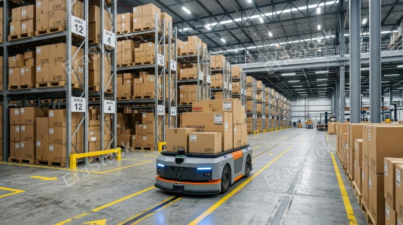 An autonomous mobile robot operating inside a warehouse with tall storage racks and stacked cardboard boxes, clean industrial layout and precise motion, smart logistics atmosphere, ultra-realistic, no