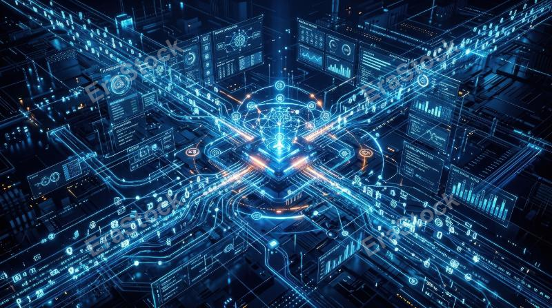 An AI automation digital network with data flow icons and a futuristic interface background, glowing process links, deep blue tech atmosphere, ultra-realistic, no logos.