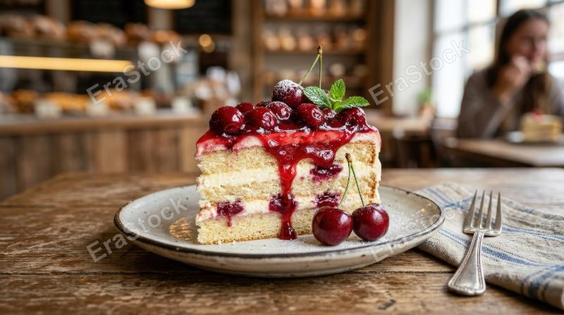 A cherry cake slice on a dessert plate, glossy fruit topping, soft sponge layers and charming bakery sweetness, ultra-realistic, no logos.