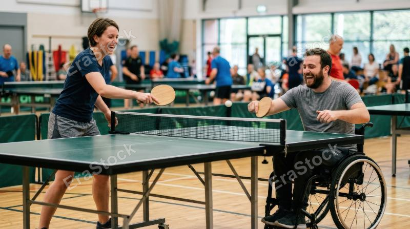 Two friends, one using a wheelchair, playing ping pong together, lively inclusive sports energy, joyful friendship atmosphere, ultra-realistic, no logos.