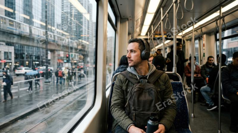 A man using public transportation in the city, seated by a window with urban reflections, modern transit interior, natural candid mood, everyday metropolitan atmosphere, ultra-realistic, no logos.