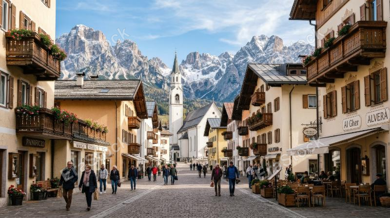 Cortina, Italy, alpine town surrounded by dramatic mountains, elegant streets, crisp air, warm architectural details, scenic and refined atmosphere, ultra-realistic, no logos.