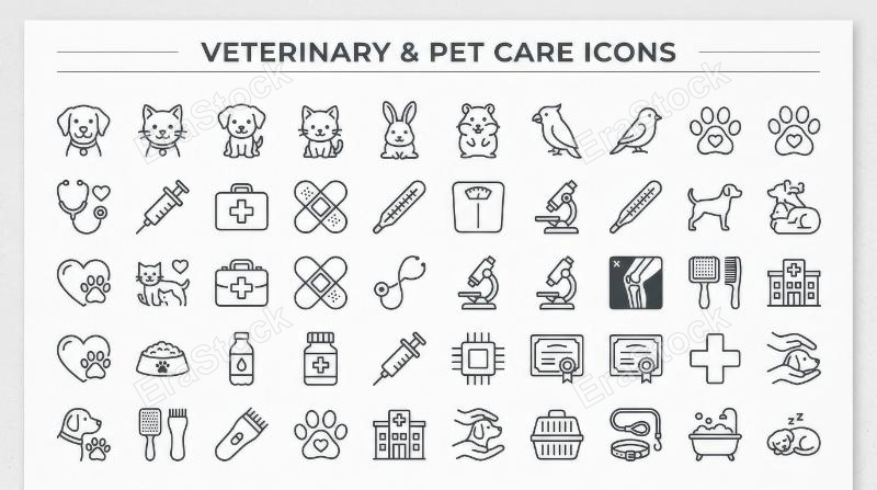 Veterinary and pet care icons with animals, clinic tools and wellness symbols in a neat editable outline collection on white, caring and professional, ultra-realistic, no logos.