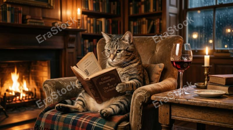 A cat reading a book with a wine glass nearby, whimsical intelligence, cozy evening atmosphere, ultra-realistic, no logos.
