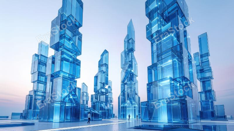 Transparent blue glass geometric blocks rising like futuristic architecture, glossy crystal planes, gradient light and a minimalist innovation-focused atmosphere, ultra-realistic, no logos.