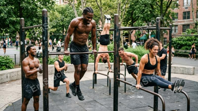 Friends practicing calisthenics in an outdoor park, bodyweight exercises, athletic movement, urban fitness bars and energetic communal spirit, ultra-realistic, no logos.