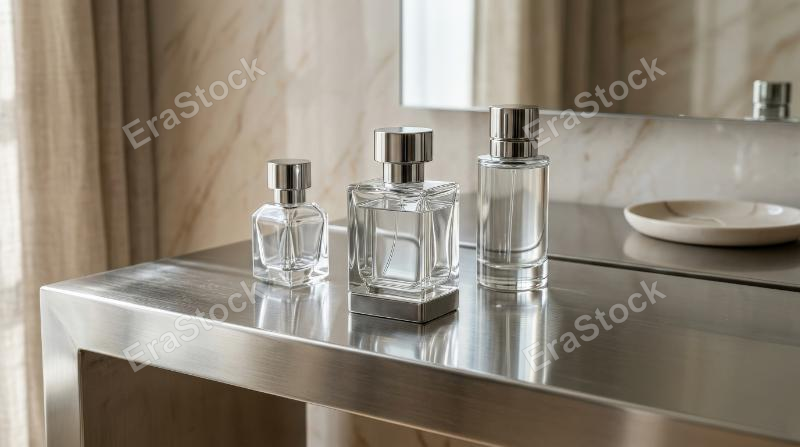 A reflective metallic perfume background with glossy highlights, sleek luxury surfaces and minimal high-end beauty aesthetic, ultra-realistic, no logos.