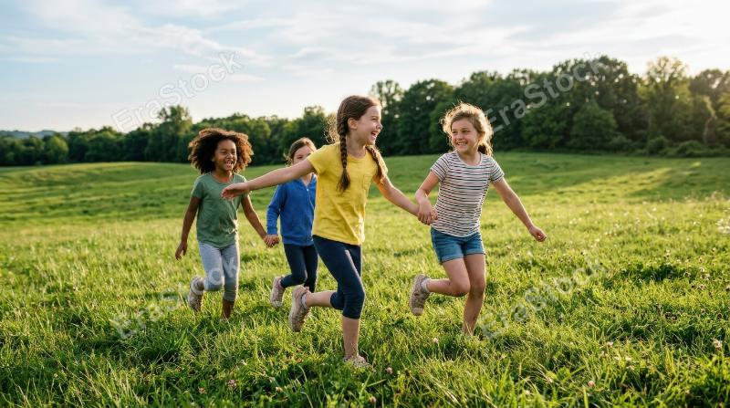 Cheerful girls playing together on the grass outdoors, open green field, sunlight in their hair, free movement and joyful youthful atmosphere, ultra-realistic, no logos.