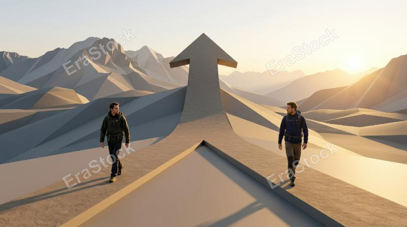 Two men walking on separate paths that merge into one large upward arrow, minimalist landscape, smooth geometry, bright directional light and a strong atmosphere of partnership and unified growth,