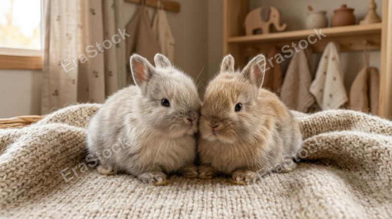 Two cute bunnies in soft natural tones sitting close together, fluffy fur, gentle light and tender nursery warmth, ultra-realistic, no logos.