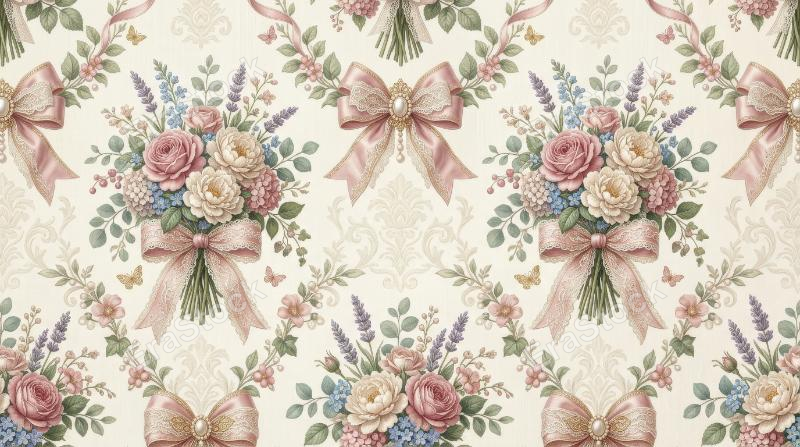 A coquette seamless pattern with damask bows and classical vintage bouquets, feminine floral elegance for wallpaper and fabric, ultra-realistic, no logos.
