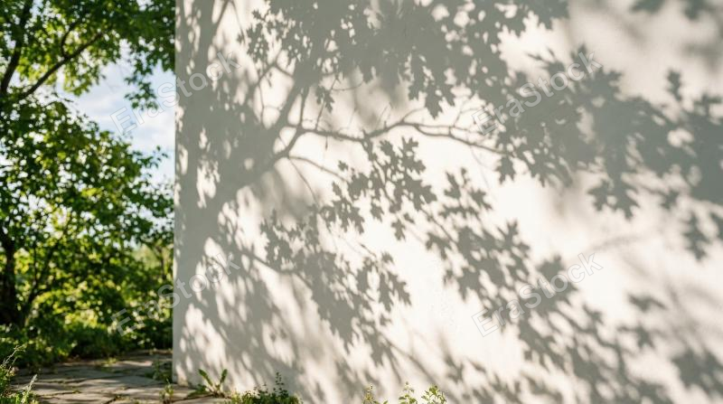 Natural tree leaf shadows drifting across a white wall, soft summer sunlight, airy branch silhouettes and subtle tonal gradients, calm minimal atmosphere, ultra-realistic, no logos.