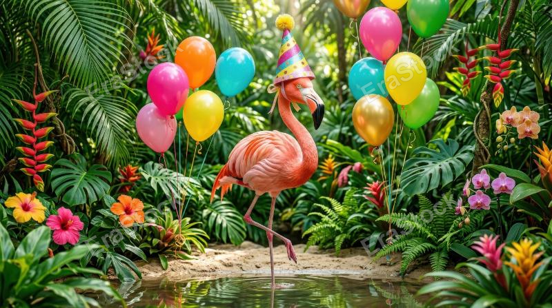 A playful flamingo wearing a party hat among balloons in a lush tropical setting, vivid greenery, cheerful colors and celebratory whimsy, ultra-realistic, no logos.