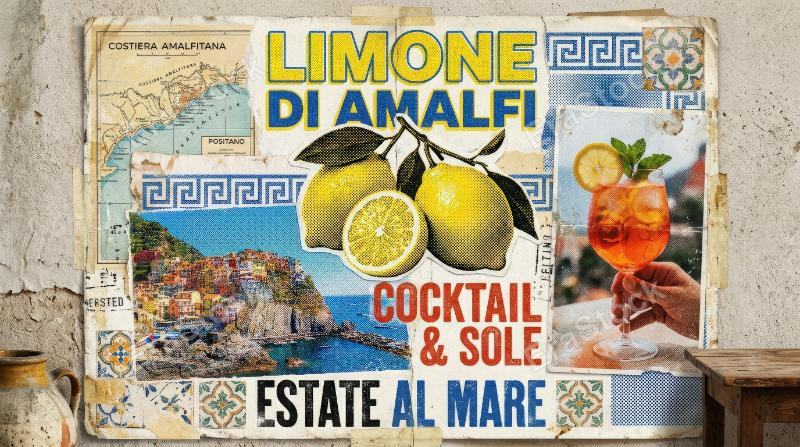 A halftone lemon collage with Amalfi cocktail energy, retro Italian-Greek grunge texture and bright summer citrus poster mood, ultra-realistic, no logos.