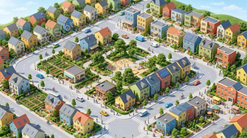 Colorful minimalist neighborhood with isometric houses and tiny figures, clean streets, playful urban planning, bright stylized atmosphere, ultra-realistic, no logos.